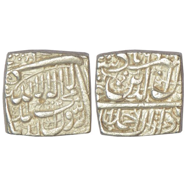 Mughals: Akbar, silver square rupee, Dar us-Sultanat, Ahmadabad mint, AH 99x, KM 82.1, 11.42g.