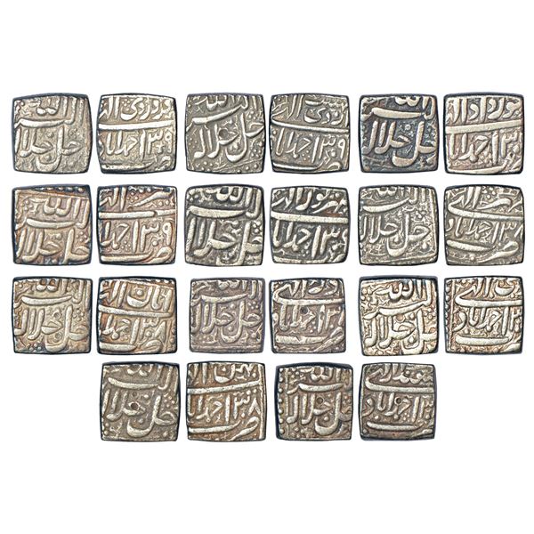 Mughals: Akbar (1555-1605 AD), silver square rupee, Ahmadabad mint (11 different months).