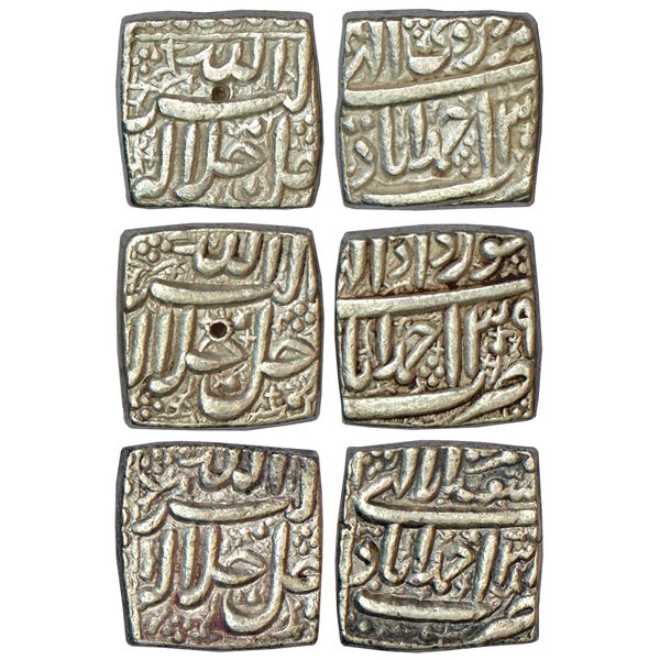 Mughals: Akbar (1556-1605 AD), silver square rupee (3), Ahmadabad mint, (3 different months)