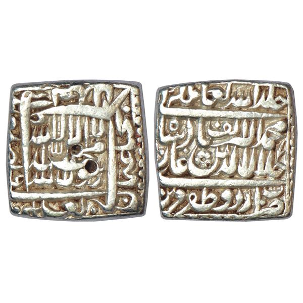 Mughals: Akbar, silver square rupee, Urdu Zafar Qarin, AH Alf (1000), KM 82.8, 11.33g.