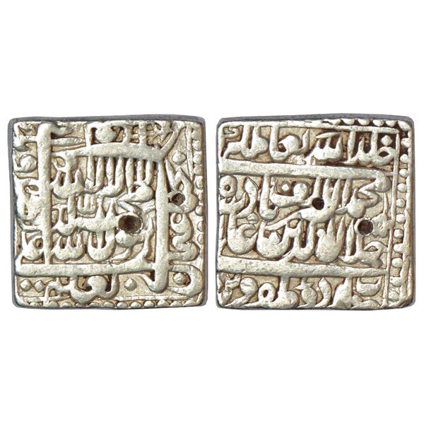 Mughals: Akbar, silver square rupee, Urdu Zafar Qarin, AH Alf (1000), KM 82.8, 11.31g.