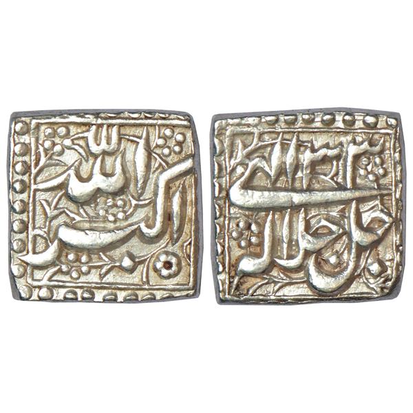 Mughals: Akbar, silver square rupee, Ilahi 33, KM 91.1, 11.42g, decorative fields on both side.