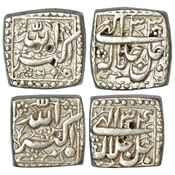 Mughals: Akbar, silver square rupee (2), Ilahi 33, 11.23g and Ilahi 34, 11.34g, decorative fields