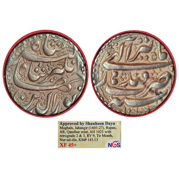 Mughals: Jahangir, silver rupee, Qandhar mint, Tir, AH 1023 (2&3 retrograde)/RY 9, KM 145.13.