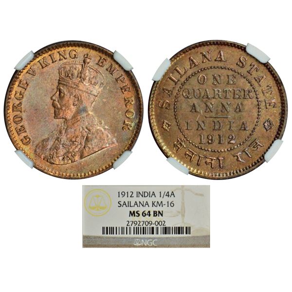 Princely States: Sailana, Jaswant Singh (1890-1919 AD), copper ¼ anna, AD 1912, KM 16.