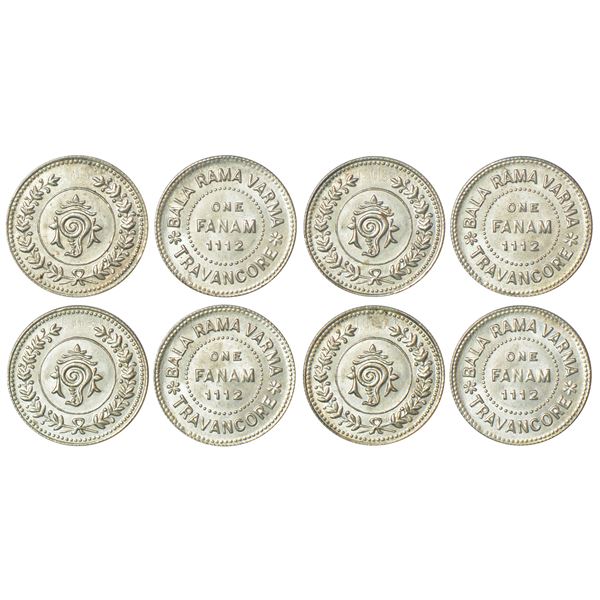 Princely States: Travancore, Bala Rama Varma II (1924-1949 AD), silver fanam. (4 coins)