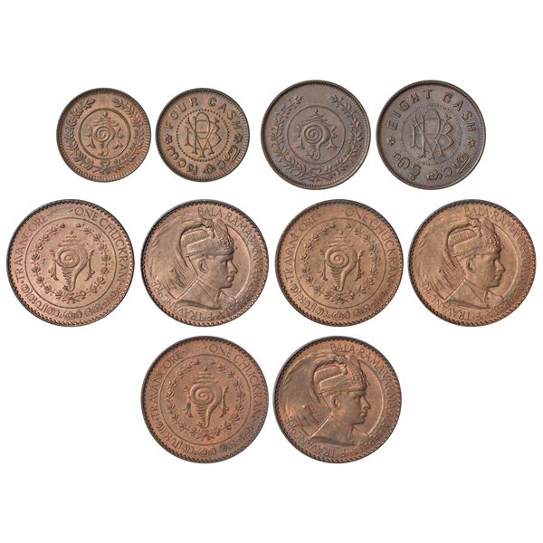 Princely States: Travancore, Bala Rama Varma II (1924-1949 AD), copper coins. (5 coins)