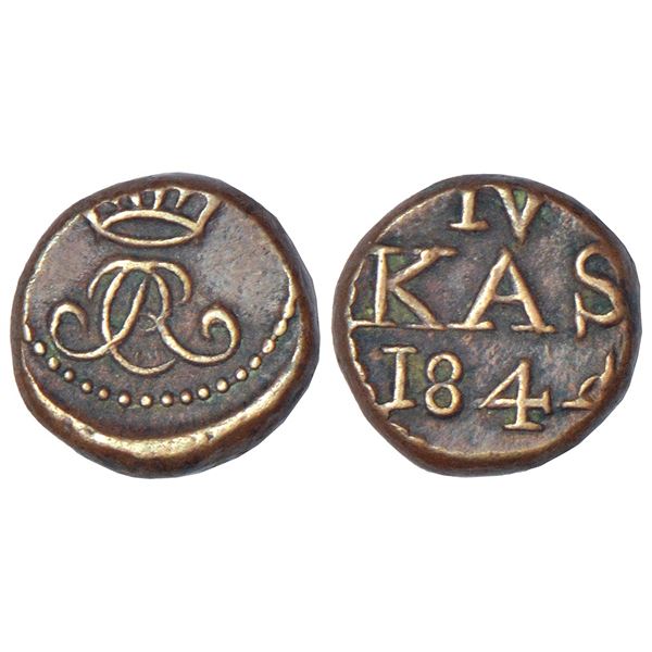 Indo-Danish: Christian VIII (1839-1848 AD), copper 4 cash, AD 1844, KM 161, 2.56g. Obv: Crowned CR m