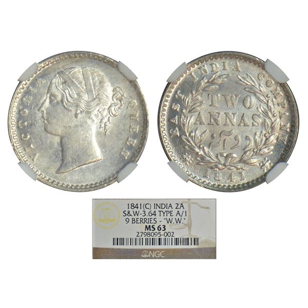 British India: Victoria Queen, divided legend, 2 annas, AD 1841, Calcutta mint, PR 123, GK 216