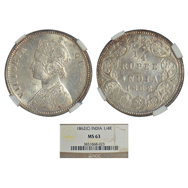 British India, Victoria Queen, silver ¼ rupee, AD 1862, Calcutta mint, A/I, PR 376; GK 375.