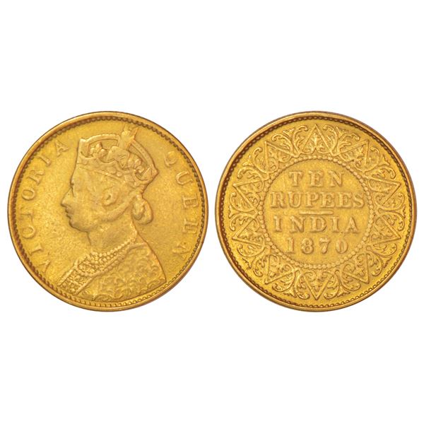 British India, Victoria Queen, gold 10 rupees (ten rupees), AD 1870, Calcutta mint, PR 28, 7.70g.