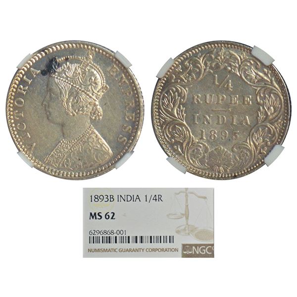 British India, Victoria Empress, silver ¼ rupee, AD 1893, Bombay mint, PR 428, GK 723.