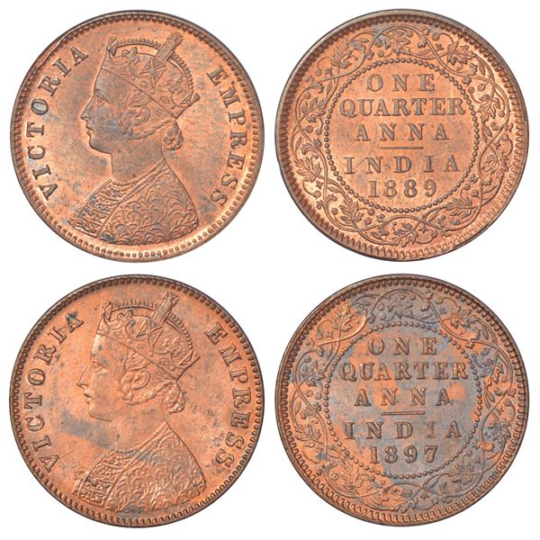 British India, Victoria Empress, copper ¼ anna (2), Calcutta mint, B/II, 1889 and 1897. (2 coins)