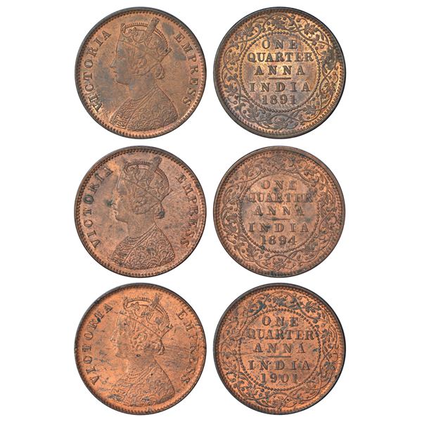 British India, Victoria Empress, copper ¼ anna (3), Calcutta mint. (3 coins)