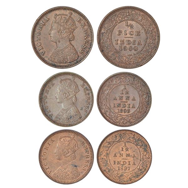 British India, Victoria Empress, copper coins (3), Calcutta mint. (3 coins)