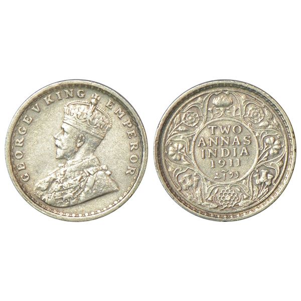 British India, George V, silver 2 anna, AD 1911, Calcutta mint, no dot, PR 564; GK 1107, 1.46g.