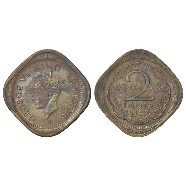 British India, George VI, nickel-brass, 2 annas, 1943, Calcutta mint, unlisted in major references.