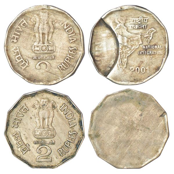 Republic India: 2 rupees, cupro-nickel, misprint coins (2), 1x 2001 and 1x reverse blank.