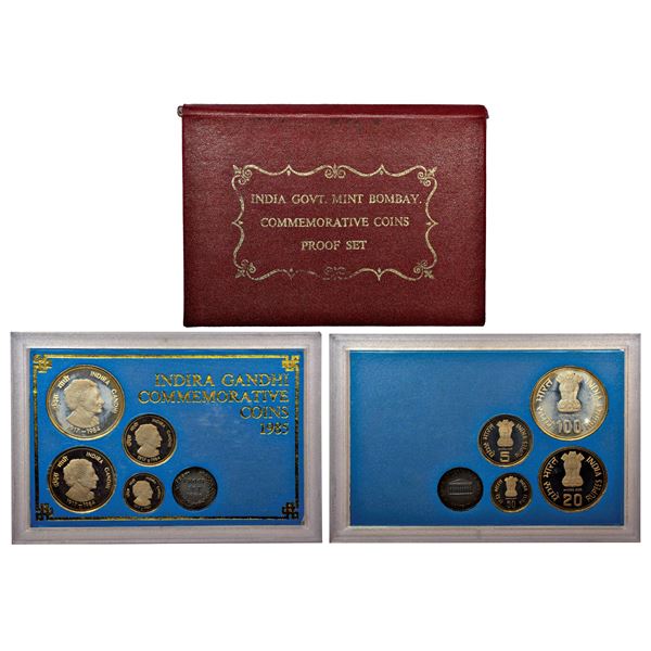 Republic India: 1985, Indira Gandhi, Proof set of 4 coins, Bombay, RB 110, in original mint packing