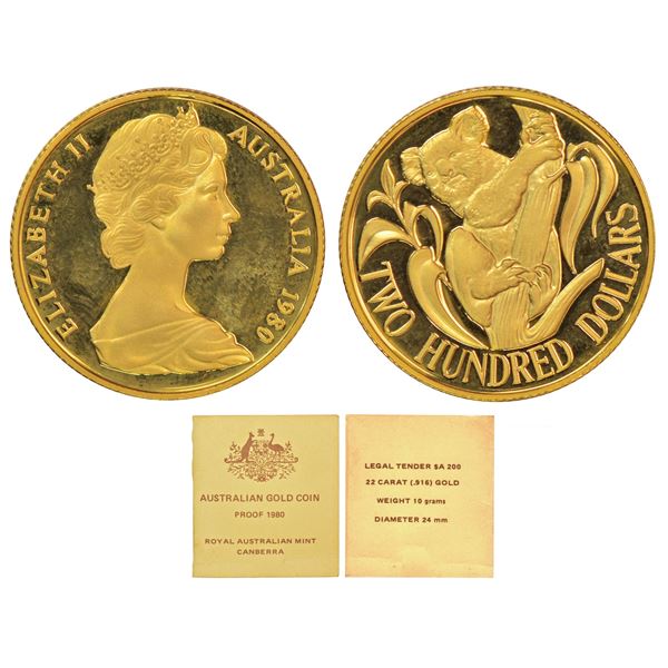 Foreign: Australia, Elizabeth II, Proof, gold 200 dollar, AD 1980, KM 71, 10.00g.