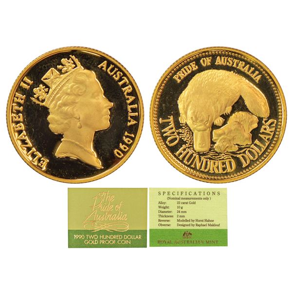 Foreign: Australia, Elizabeth II, Proof, gold 200 dollar, AD 1990, KM 135, 10.12g.