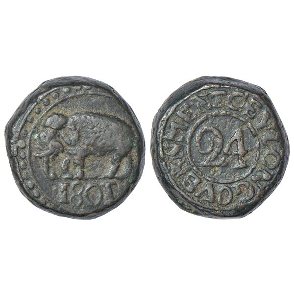 Foreign: Ceylon, British colony, George III, copper 1/24 rix dollar, AD 1801, KM 64, 24.37g.