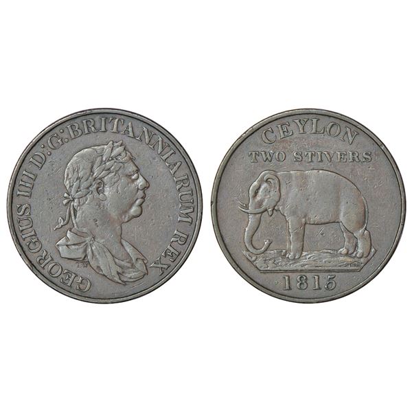 Foreign: Ceylon, British colony, George III, copper 2 stuiver, AD 1815, KM 82.1, 18.09g.