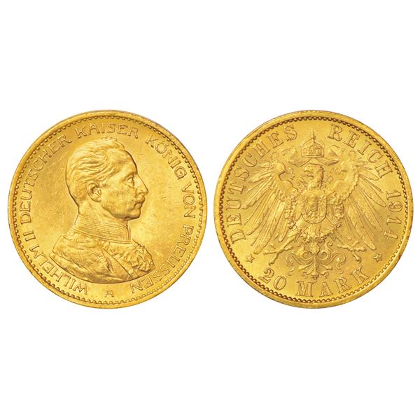 Foreign: German State-Prussia, Wilhelm II, gold 20 mark, AD 1914, 'A' mintmark, KM 537, 7.94g.