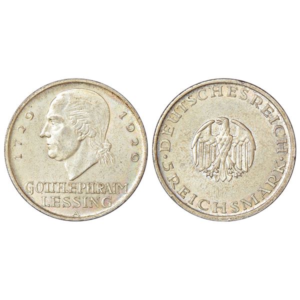 Foreign: Germany-Weimar Republic, silver 5 Reichsmark, AD 1929, 'A' mint-mark, KM 61, 25.00g.