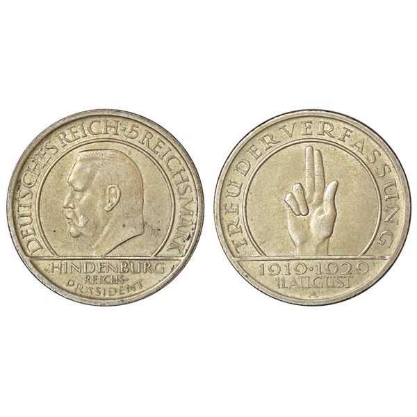 Foreign: Germany-Weimar Republic, Silver 5 Reichsmark, AD 1929, 'A' mint-mark, KM 64, 24.96g.