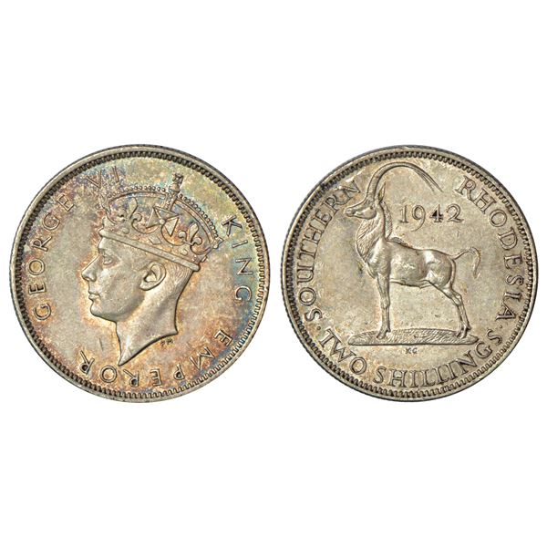 Foreign: Southern Rhodesia, George VI (1936-1952 AD), silver 2 shilling, AD 1942, KM 19, 11.28g.