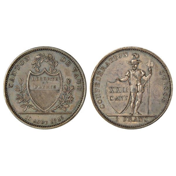 Foreign: Swiss Cantons-Vaud, silver 1 franc, AD 1845, KM 22, 7.27g. Sub: Shooting festival.