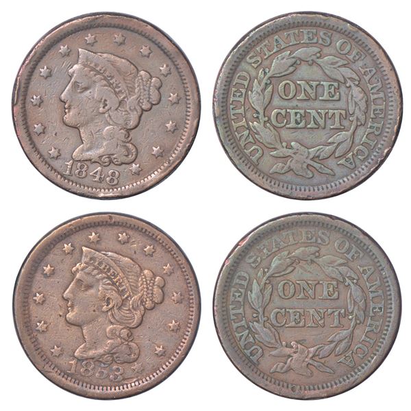 Foreign: United States of America, copper 1 cent (2), 1848 & 1853, 10.19g, KM 67. (2 coins)