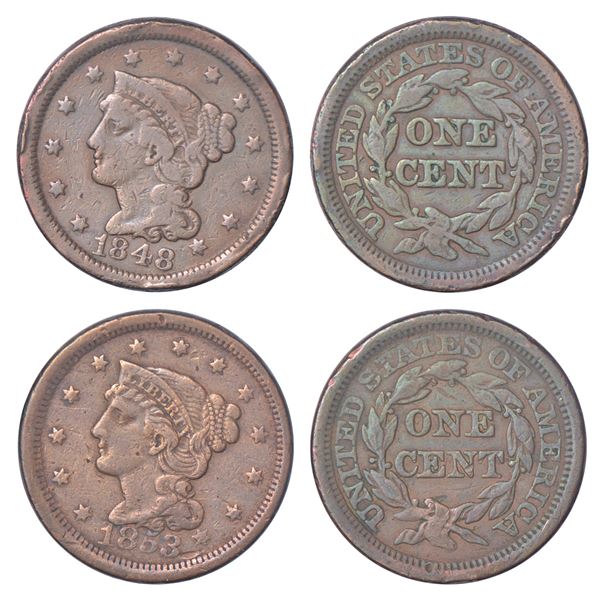 Foreign: United States of America, copper 1 cent (2), 1848 & 1853, 10.19g, KM 67. (2 coins)