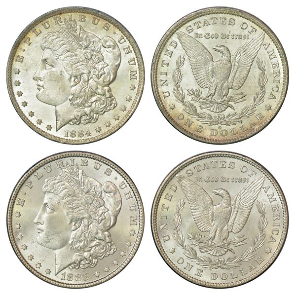 Foreign: United States of America, silver morgan dollar (2), 1884 & 1885, KM 110. (2 coins)
