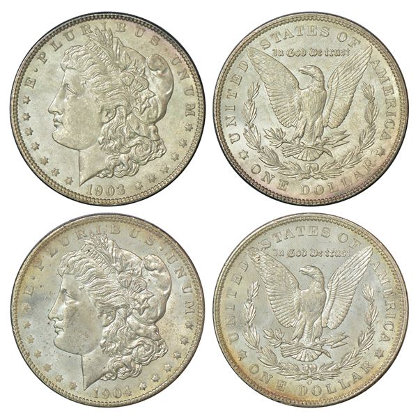 Foreign: United States of America, silver morgan dollar (2), 1903 & 1904, KM 110. (2 coins)