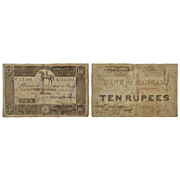 Paper Money: Bank of Madras, 10 rupees, hand signed, serial no.: 13467. J&R 1C.3.1.1.