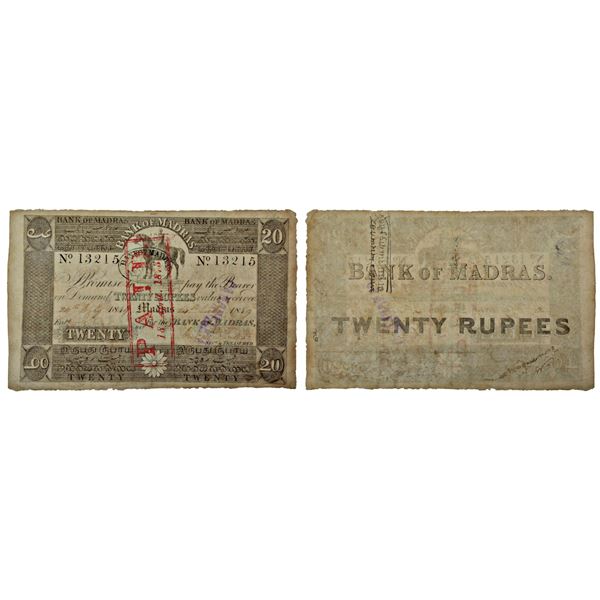 Paper Money: Bank of Madras, 20 rupees, hand signed, serial no.: 13215. J&R 1C.3.1.3.