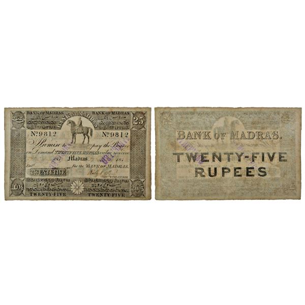 Paper Money: Bank of Madras, 25 rupees, hand signed, serial no.: 9812. J&R 1C.3.1.4.