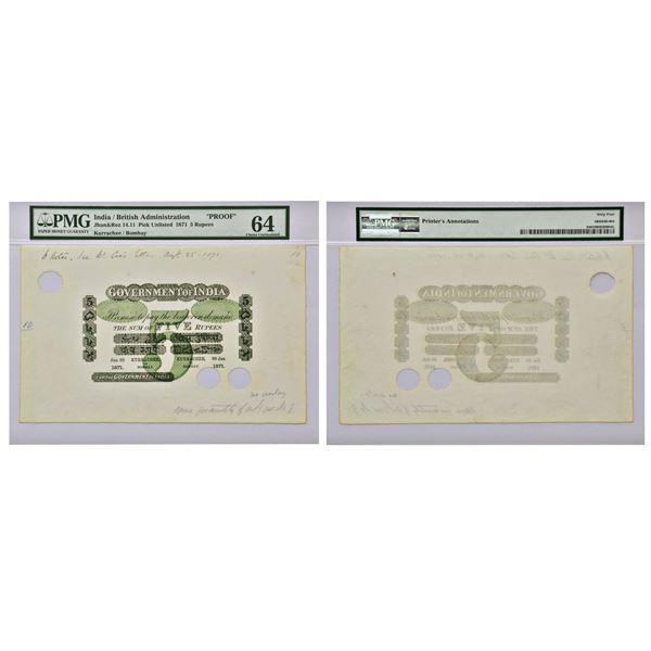 Paper Money: Government of India, progressive proof uniface, 5 rupees, Kurrachee/Bombay, J&R 14.11.