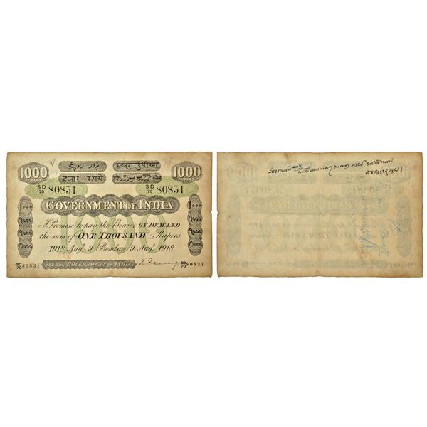 Paper Money: Government of India, George V, Uniface, 1000 rupees, Bombay, H. Denning, J&R 2A.7.2D.3.