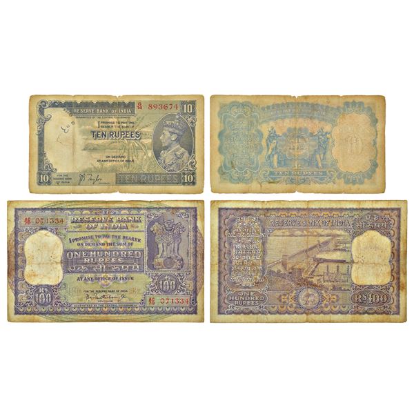 Paper Money: Group of 2 notes, (A) George VI, 10 rupees, (B) 100 rupees, 'Dam' series.