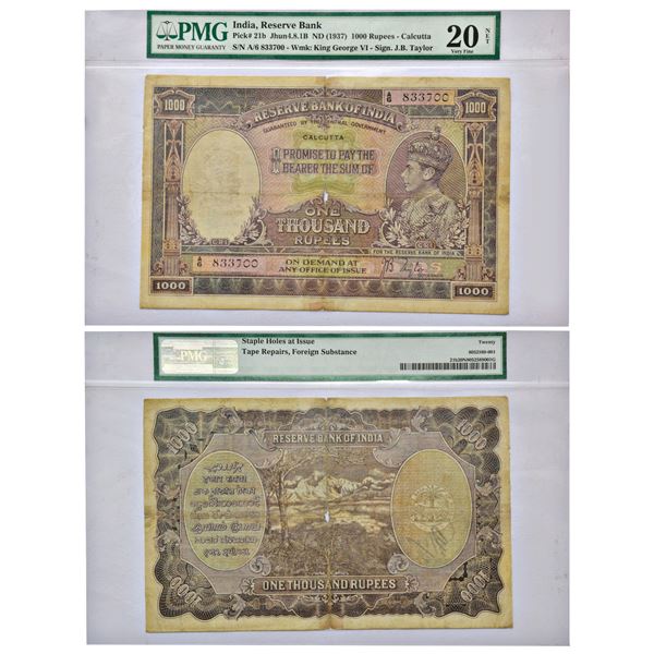 Paper Money: George VI, 1000 rupees, Calcutta circle, ND (1938), J.B. Taylor, J&R 4.8.1B.