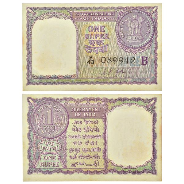 Paper Money: 1 rupee, 1957, signed by L. K. Jha, inset 'B', serial no.: Y43 089942, J&R 6.1.4.3A.