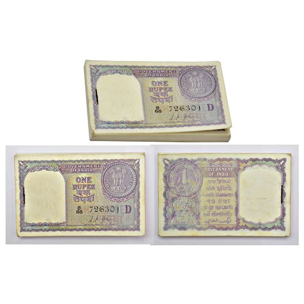 Paper Money: 1 rupee, full packet of 100 notes, 1957, signed by L.K. Jha, inset 'D', (100 notes)