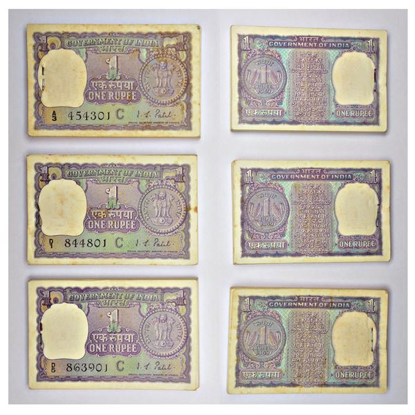 Paper Money: 1 rupee, full packet of 100 notes (3), 1969, signed by I.G. Patel, inset 'C', (3 packet