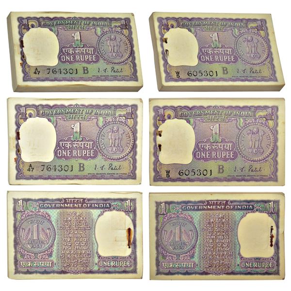Paper Money: 1 rupee, full packet of 100 notes (2), 1x 1968 & 1x 1969, (2 packets)