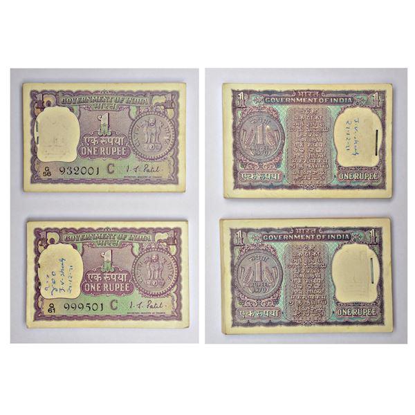 Paper Money: 1 rupee, full packet of 100 notes (2), 1970, signed by I.G. Patel, (2 packets)