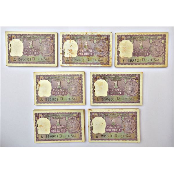 Paper Money: 1 rupee, full packet if 100 notes (7), 1972, I.G. Patel, inset 'D', (7 packets)