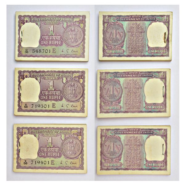 Paper Money: 1 rupee, full packet of 100 note (3), 1973, M.G. Kaul, inset 'E', (3 packets)